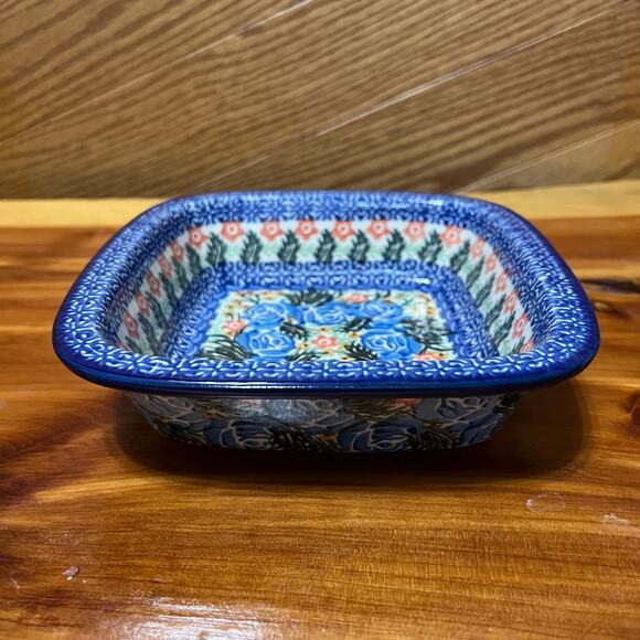 Polish Stoneware Pottery Ceramic UNIKAT Square 1803 Blue Floral Nakoneczna Baker - Picture 6 of 8